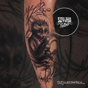 Abstrakcja, embrion dziecka połączony z małpą. Tattoo na Mistyku.