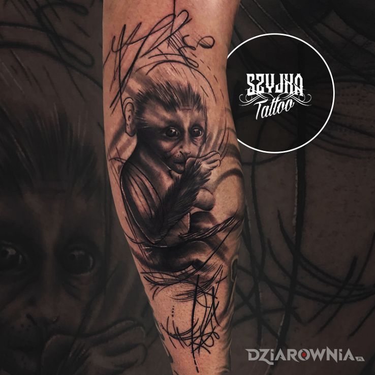 Tatuaż abstrakcja embrion dziecka połączony z małpą tattoo na mistyku - geometryczne