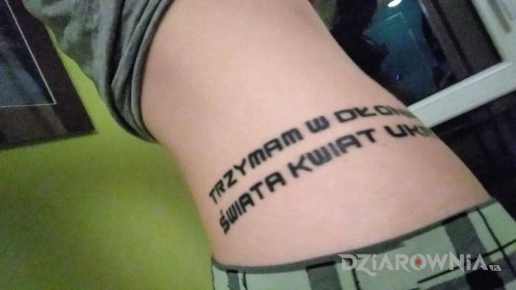 Tatuaż trzymam w dłoniach świata kwiat ukryty - napisy