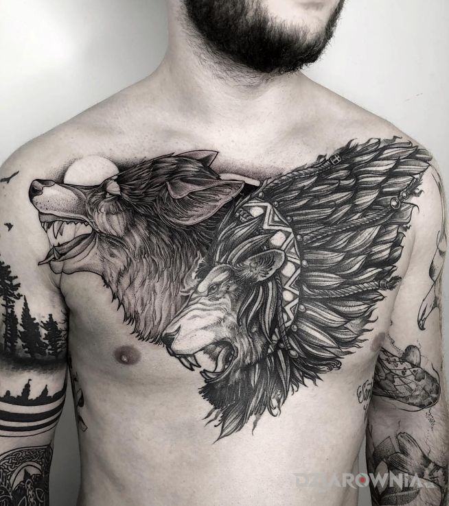 Tatuaż wilk i lew - zwierzęta