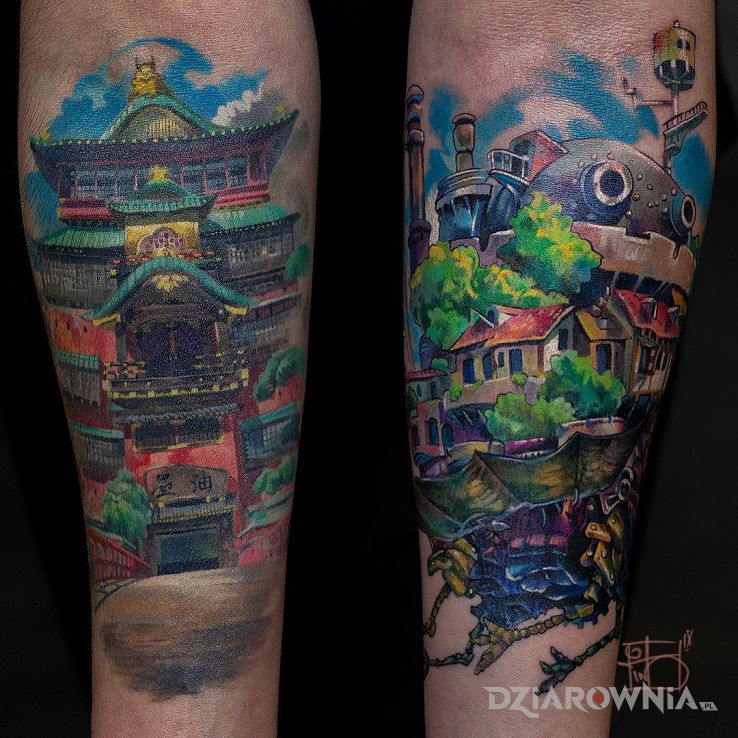 Tatuaż chińska pagoda - kolorowe