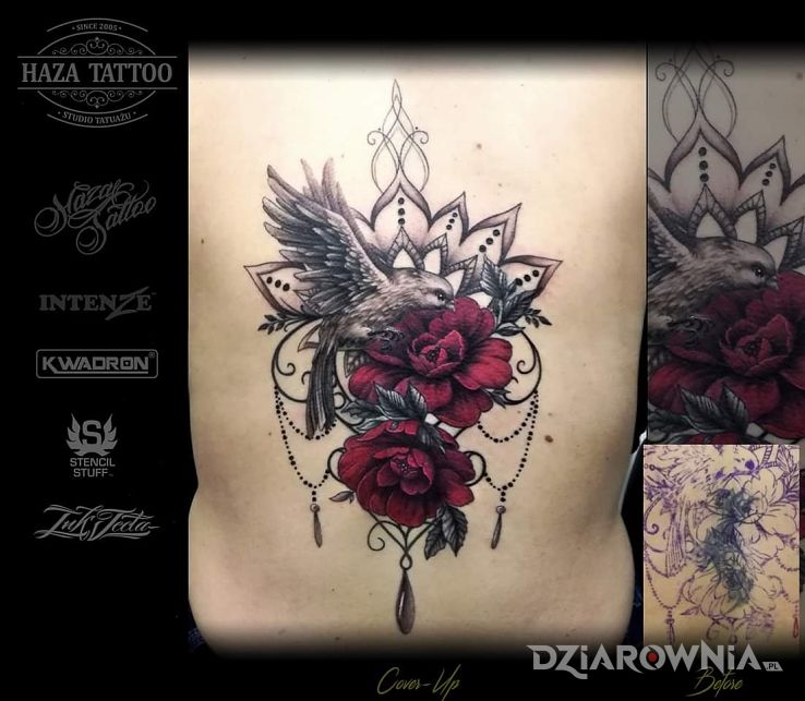 Tatuaż cover róże mandala - kolorowe