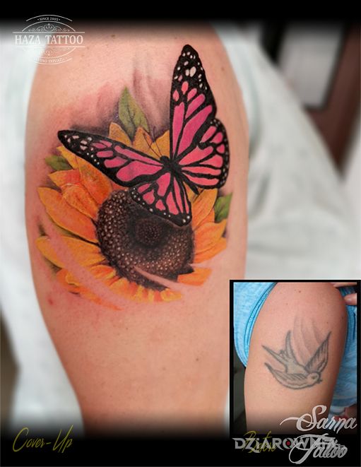 Tatuaż cover motyl słonecznik - 3D