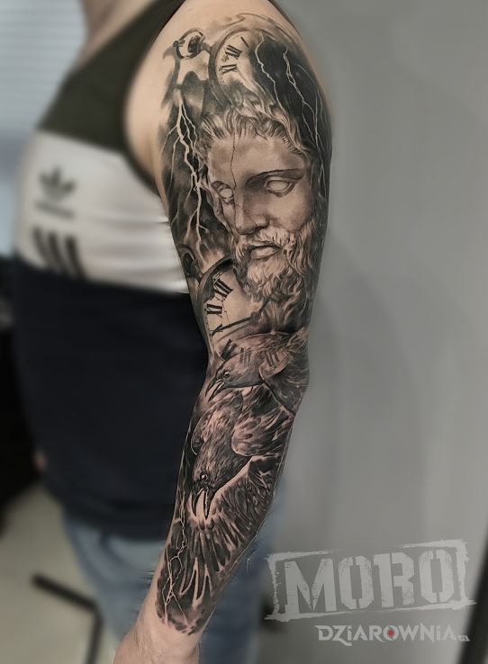 Tatuaż zeus zegar kruk rękaw - 3D