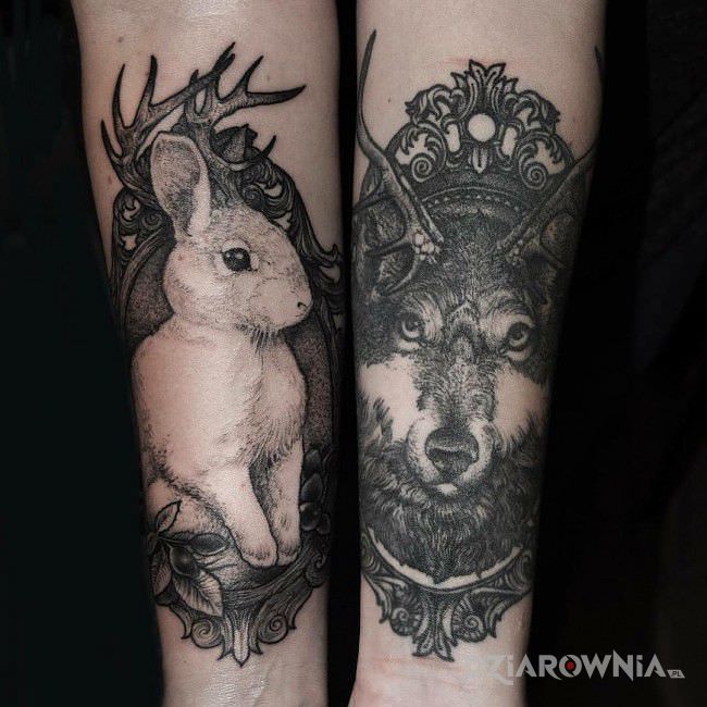 Tatuaż królik i wilk - zwierzęta