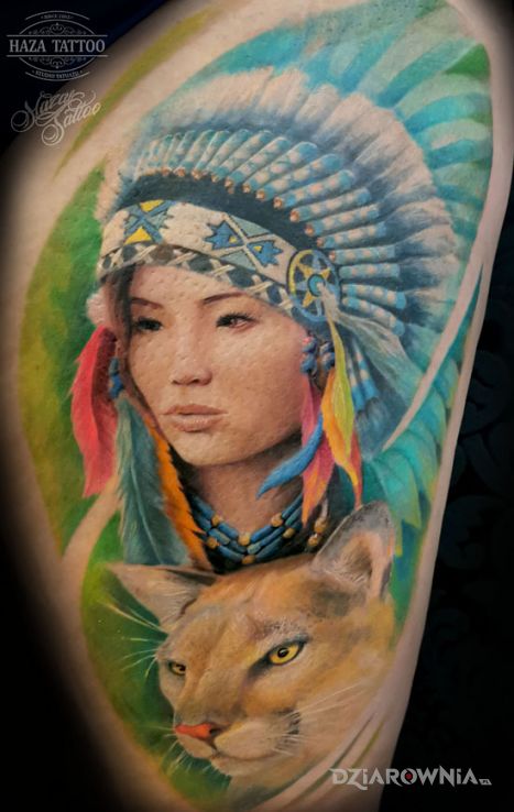 Tatuaż indianka puma - kolorowe