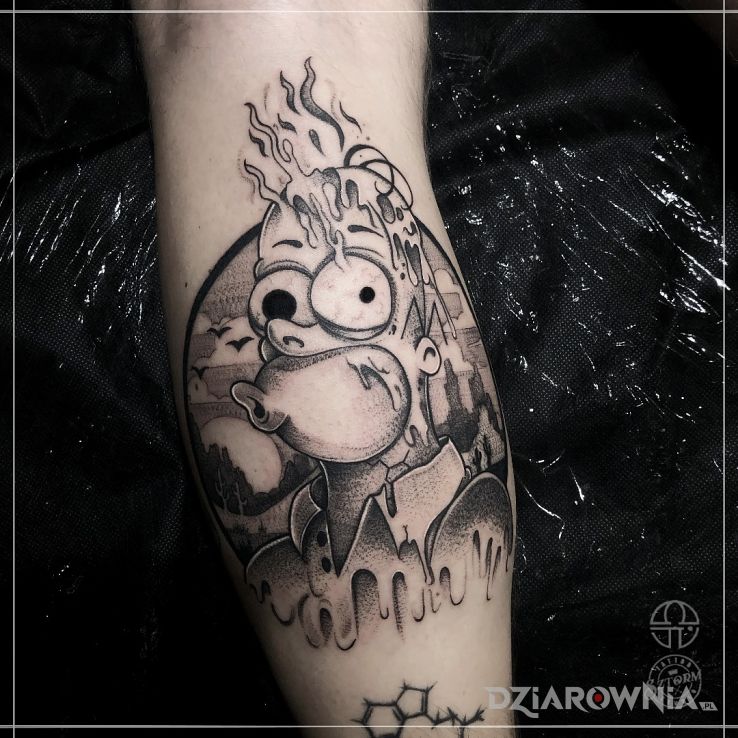 Tatuaż homer simpson w ogniu - czarno-szare
