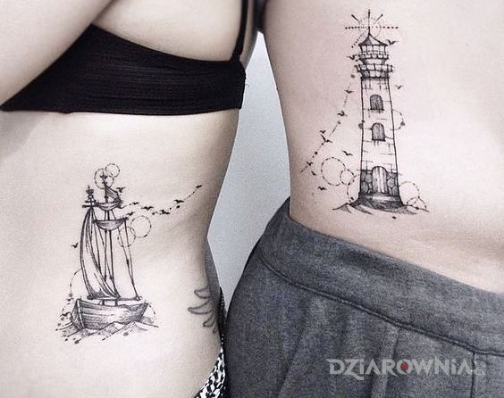 Tatuaż statek i latarnia - czarno-szare