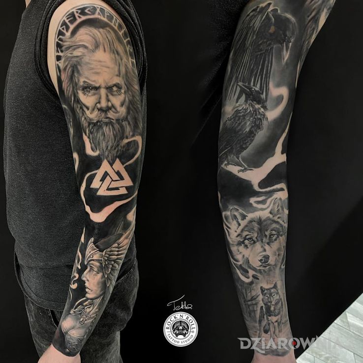 Tatuaż rękaw mitologia nordycka - twarze