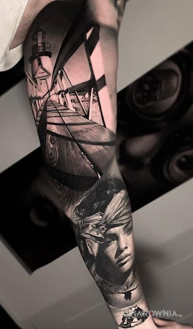 Tatuaż spacer po molo o - czarno-szare