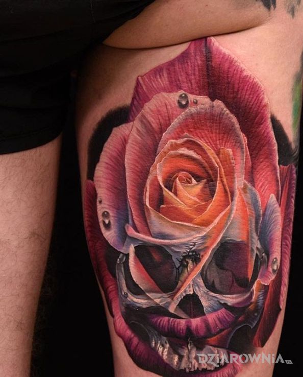 Tatuaż róża  czaszka - 3D
