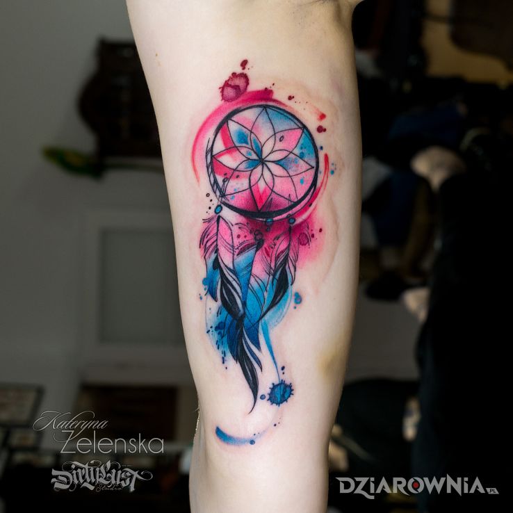 Tatuaż łapacz snów  pióra  akwarela  watercolor - kolorowe