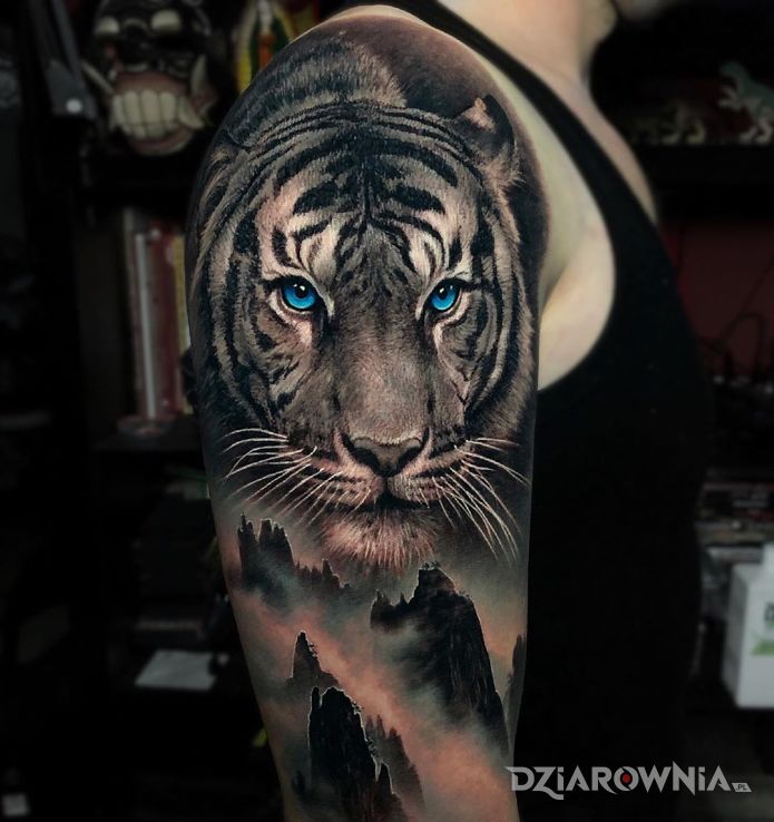 Tatuaż niebieskooki tygrys - czarno-szare