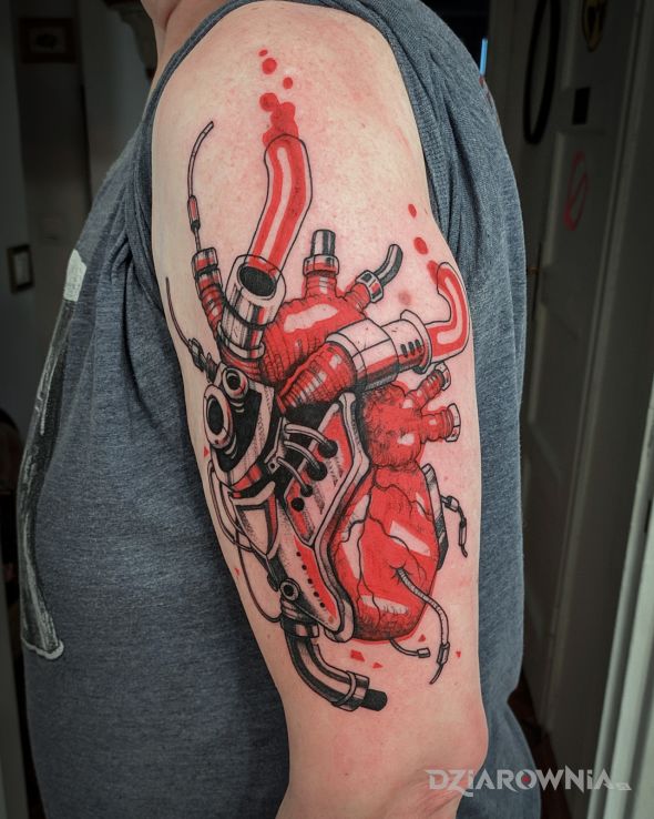 Tatuaż mechaniczne serce  cyberpunk - kolorowe