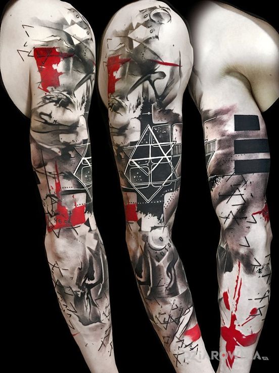 Tatuaż trash polka - cała ręka - czarno-szare