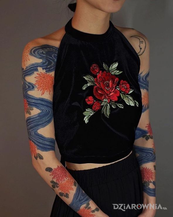 Tatuaż japoński potok - kwiaty