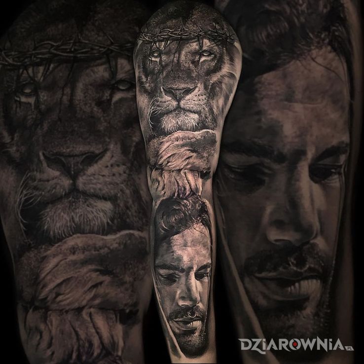 Tatuaż lew w koronie cierniowej - 3D