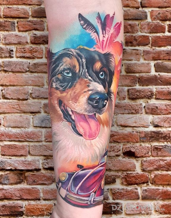 Tatuaż pies  kolorowy realizm - 3D