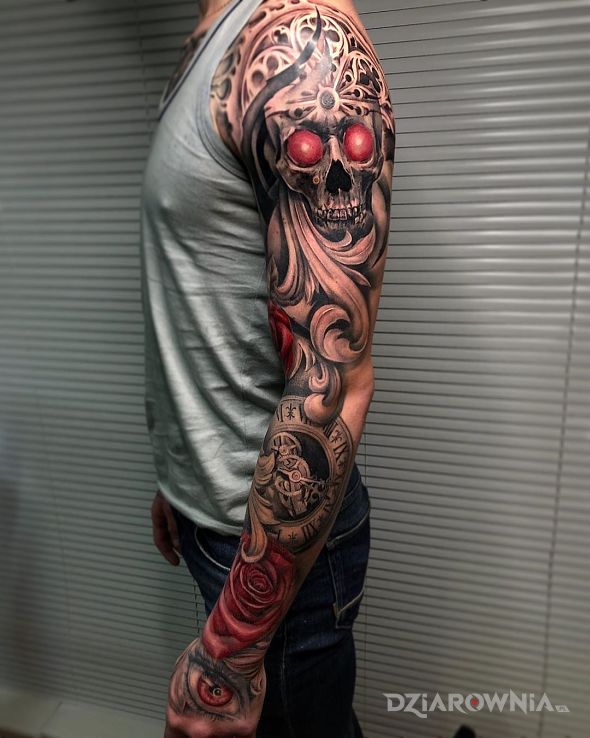 Tatuaż czerwone oczy w czaszce - kolorowe