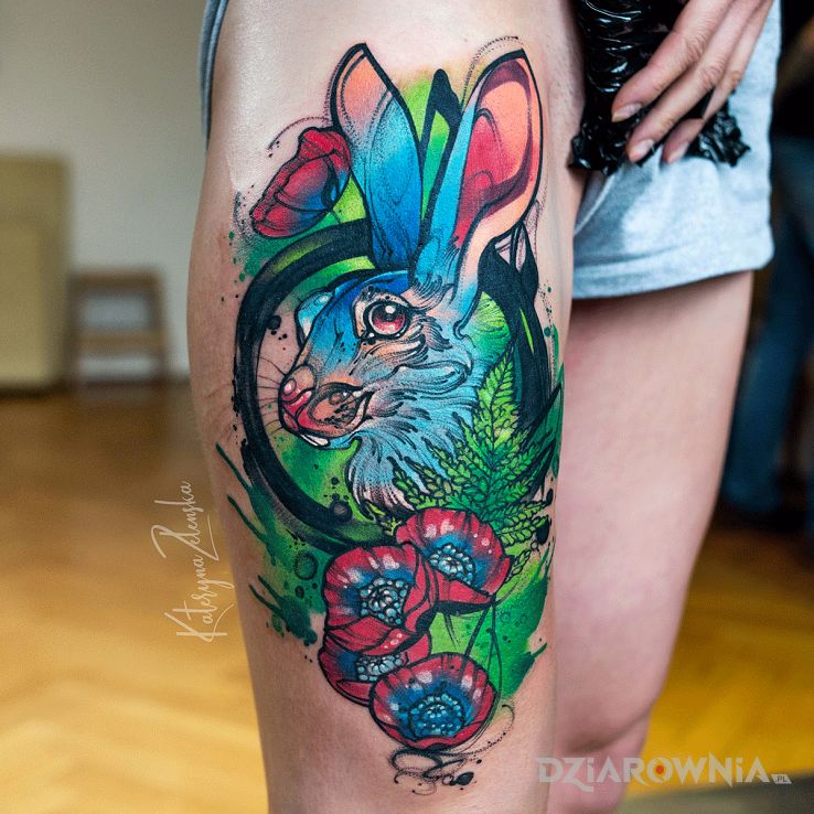 Tatuaż królik  akwarela  watercolor - kwiaty