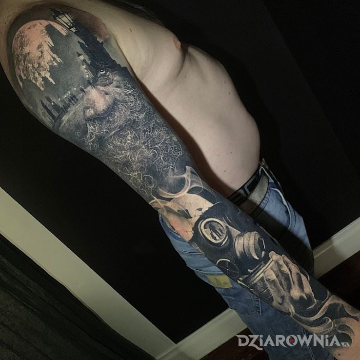 Tatuaż starzec w realistycznym rękawie - twarze
