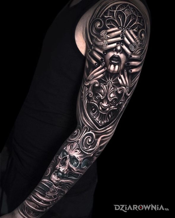 Tatuaż twarz skryta za palcami - czarno-szare