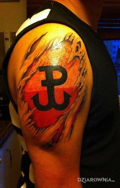 Tatuaż znak polski walczącej na tle flagi - patriotyczne