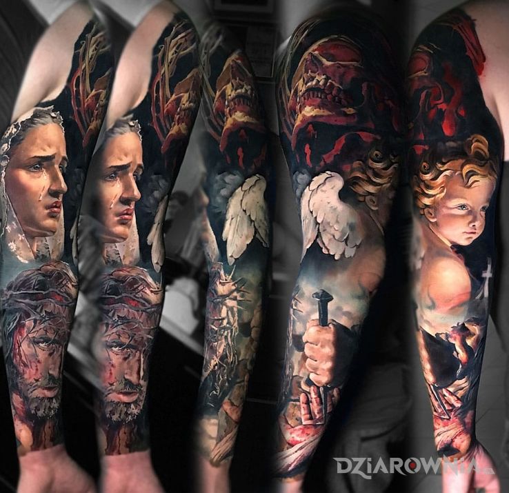Tatuaż maryja i jezus - czaszki
