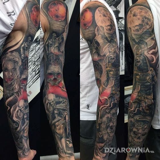 Tatuaż czerwony i czarny - czaszki