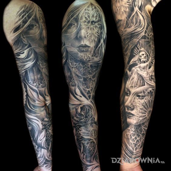 Tatuaż kobiece twarze w rękawie - realistyczne