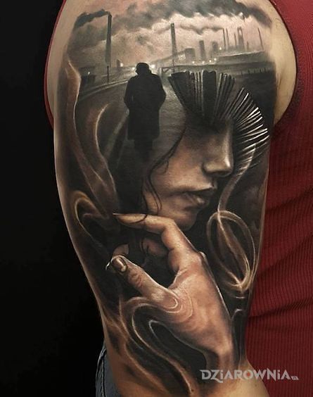 Tatuaż twarz wśród fabryk - 3D