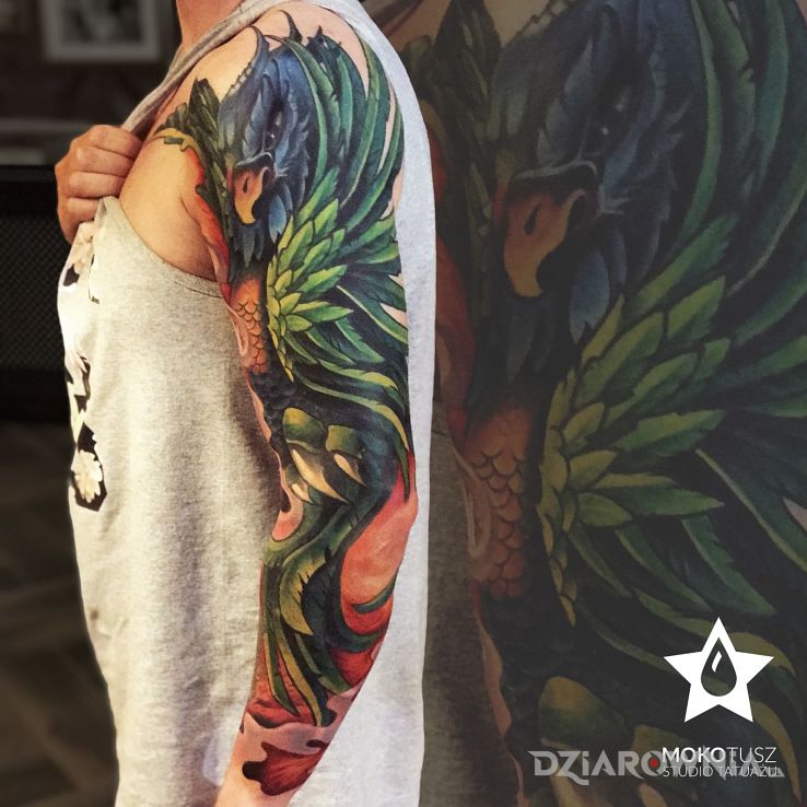 Tatuaż rękaw kolorowy z motywem feniksa - kolorowe