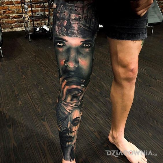 Tatuaż rękaw na nodze - twarze