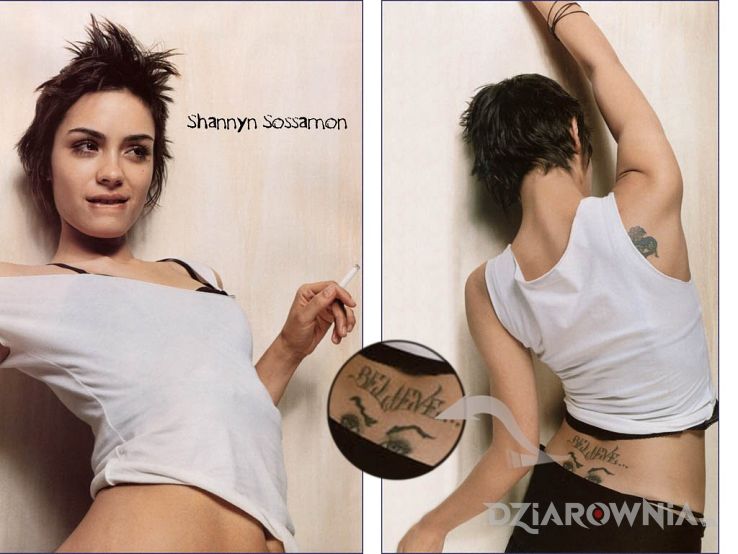 Tatuaż shannyn sossamon - oczy na plecach  napis believe - napisy