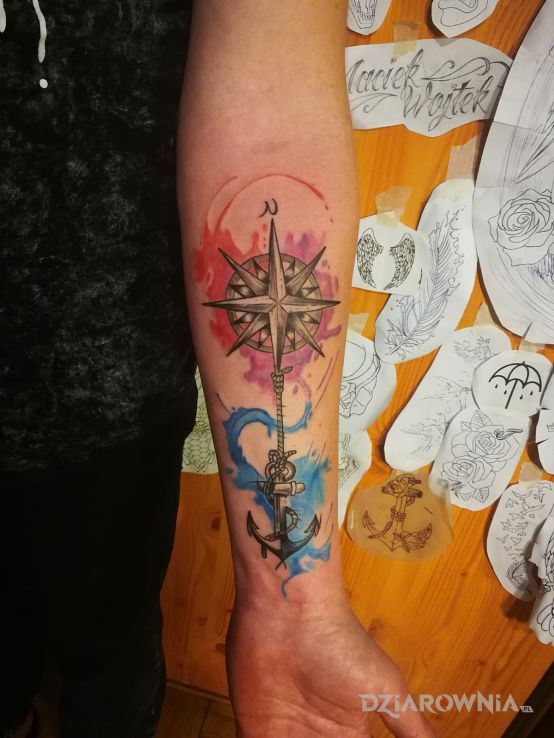 Tatuaż róża wiatrów - kolorowe