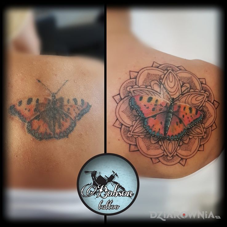 Tatuaż motyl w mandali - Cover Up