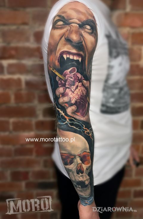 Tatuaż rękaw kolorowy horror - czaszki